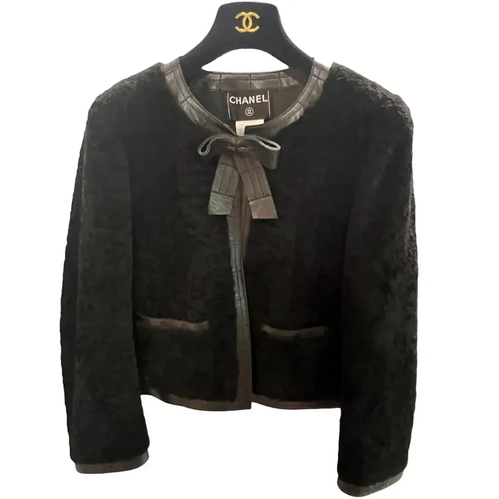 Chanel 2003 Lambskin Leather Bow Cropped Jacket Black‎ Size 42